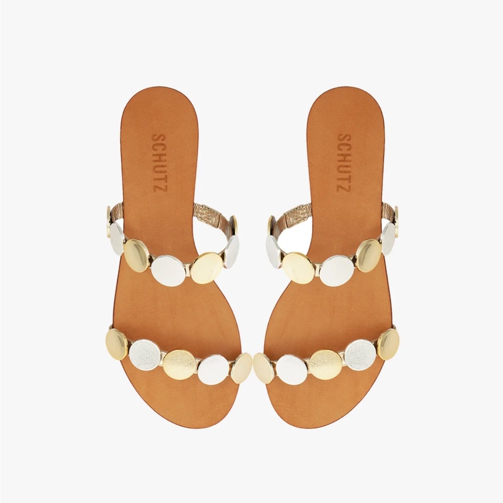 SCHUTZ Women's Sandals with Gold and White Accents (Acacia Platina)